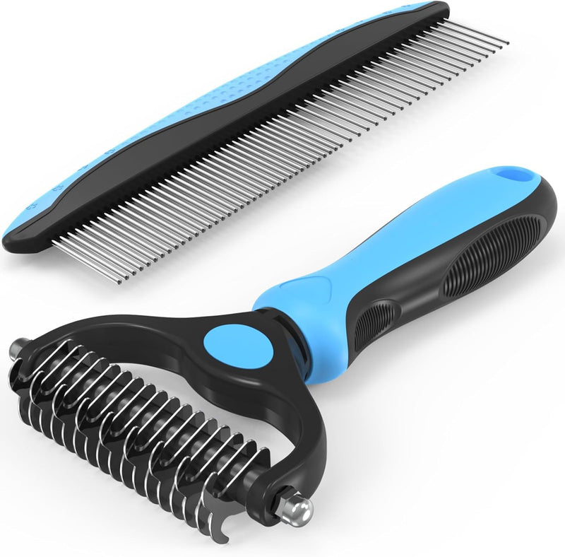 Pet Grooming Combo - Blue Deshedding Brush with Metal Comb for Detangling and Dematting Long, Matted Fur on Cats and Dogs - PawsPlanet Australia