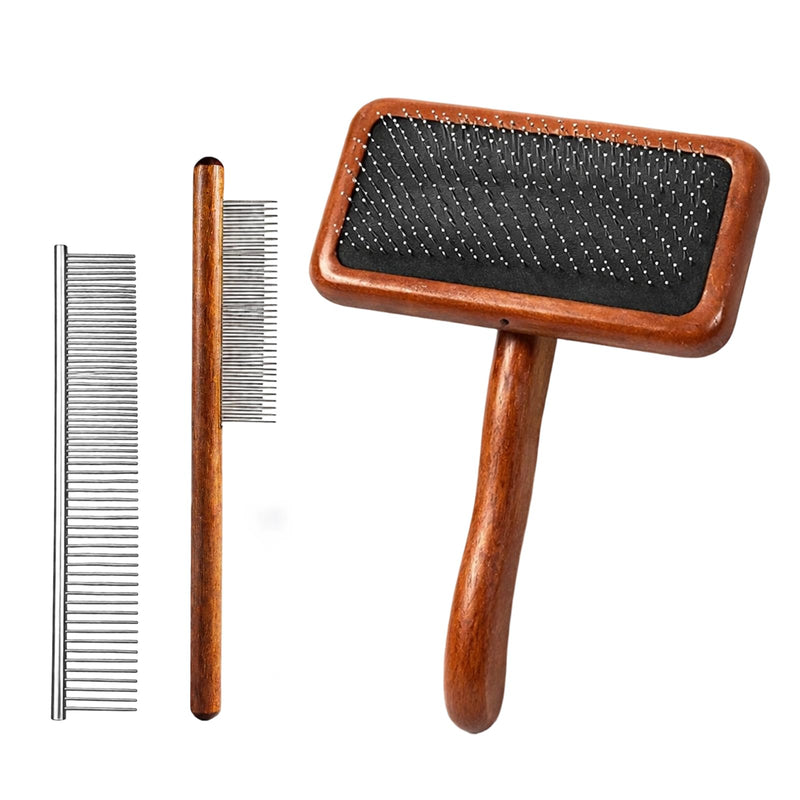 Dog Slicker Brush and Dog Grooming Brush, Professional Pet Comb for Shedding Control, Wooden Handle Cushion Wire Brush with Long Short Teeth Design, Suitable for Long and Short Haired Pets
