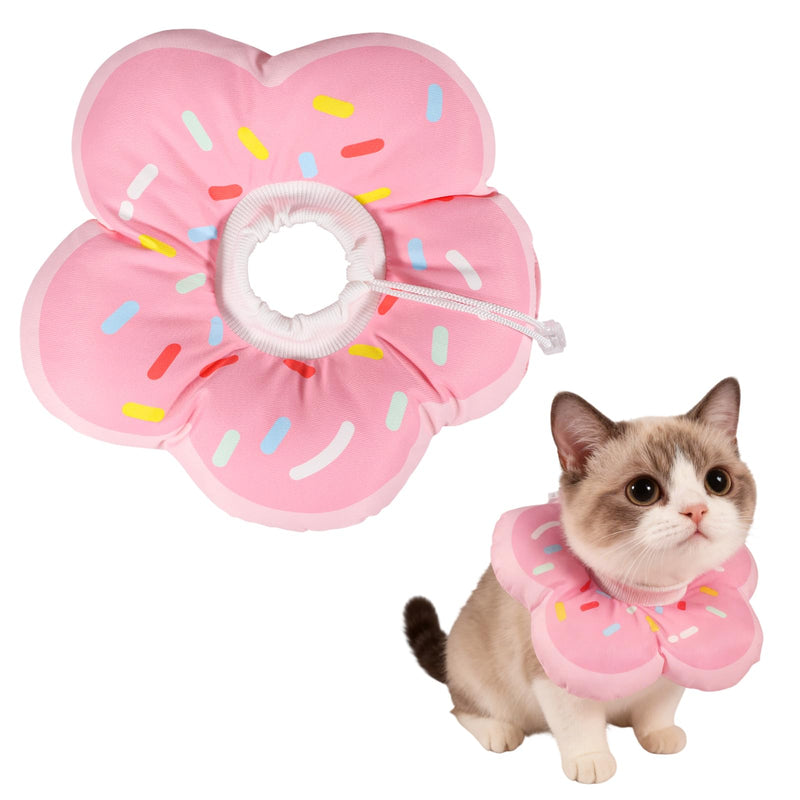 QKURT Cat Cone Collar Soft, Adjustable Waterproof Pet Recovery Collar, Cute Donut Pattern Neck Cat Cones After Surgery, Prevent Licking Biting Protect Wounds for Puppies, Cats, Petal Shape Pink S