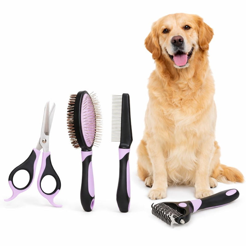 5-in-1 Professional Pet Grooming Kit for Dogs & Cats – Nail Clippers with Safety Guard, Stainless Steel Metal Comb, Double-Sided Pin & Bristle Brush, Dematting Knot Comb