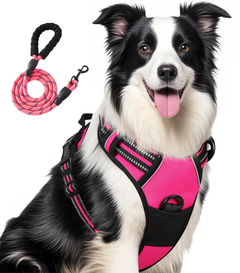 Adjustable No Pull Dog Harness with Easy Control Soft Padded Handle for Large Dogs Reflective Breathable Pet Vest Outdoor Walking Training, Rose Red, Large L (Chest 22-30'', Neck 18-26.5'')