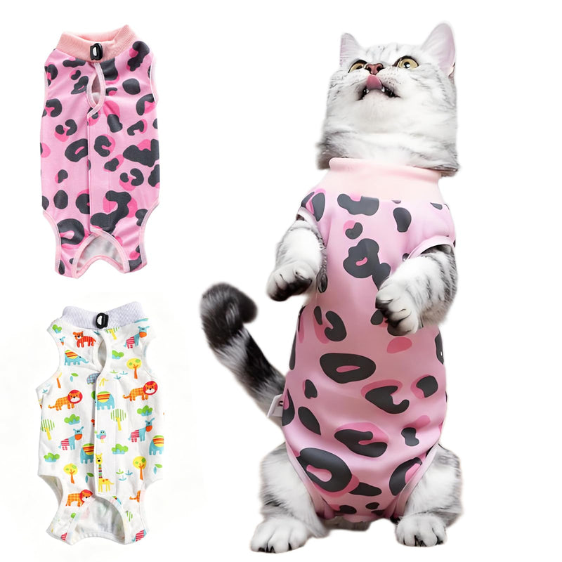 2 Pack Cat Professional Recovery Suit，Body Suits for Abdominal Wounds or Skin Diseases，E-Collar Alternative for Cats, Onesie Cat Clothes After Surgery Collar & Cone Alternative Lion-leopard S