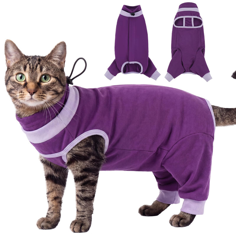 Cat Surgical Recovery Suit, Full Hind Leg Coverage Cat Post Surgery Suit, Cone Alternative, Drawstring Neck Anti Escape, Stop Licking and Scratching, Allergy Recovery Suit for Large Cats Purple