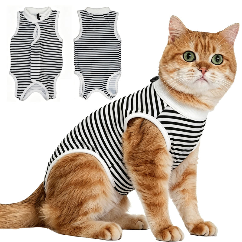 Cat Professional Recovery Suit with Cooling Fabric, Breathable & Cool Body Suits for Abdominal Wounds or Skin Diseases，E-Collar Alternative for Cats, Onesie Cat Clothes After Surgery Striped-Black S