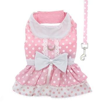 Pink Polka Dot and Lace Dog Harness Dress Set XS - PawsPlanet Australia