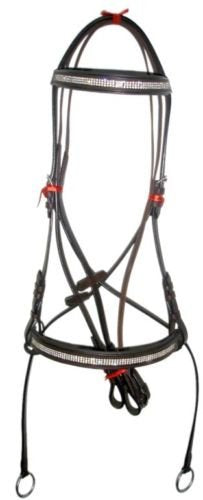 Cwell Equine New Crystal Detail Cross Over Bitless Leather Bridle web grip reins BLACK/BROWN Choice of Sizes FULL - PawsPlanet Australia