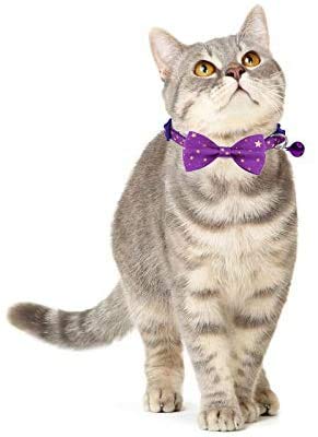 [Australia] - Yangbaobao 2PCS Breakaway Cat Collars with Bowtie and Bell Golden Stars Pattern Safety Kitten Collars, Adjustable from 7.0-12.5 Inch Purple+Blue 