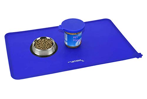 Food Grade Silicone Pet cat & dog food feeding meal bowl dish mat placemat with 3 in 1 food can cover seal My friend has 4 paws printed non-slip flexible waterproof traveling for any type of floor BLUE - PawsPlanet Australia