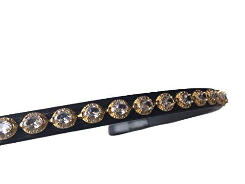 Cwell Equine English Leather Crystal Browband 4/8" with Clear Golden Crystals Black Full (807-18-19) - PawsPlanet Australia