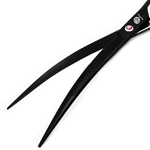 Purple Dragon 9.0" Twin Tails Straight or Curved Blade Pet Grooming Scissors Dog Hair Cutting Shears with Bag for Professional Left Handed or Right Hand Pet Grooomer Black Downward Curved - PawsPlanet Australia