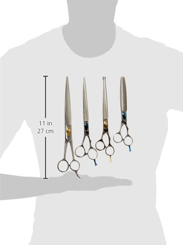 [Australia] - TAMSCO Delux e Grooming Set Of 4, (B-620C, B-625, B-611, B-574) Thinning Shear with Double Teeth Blade Japanese Stainless Steel Curved Blade Shear with Probe Tip Shear with Classical Design Removable Finger Rest 