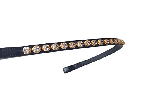 Cwell Equine English Leather Crystal Browband 4/8" with Clear Golden Crystals Black Full (807-18-19) - PawsPlanet Australia