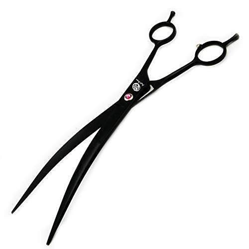 Purple Dragon 9.0" Twin Tails Straight or Curved Blade Pet Grooming Scissors Dog Hair Cutting Shears with Bag for Professional Left Handed or Right Hand Pet Grooomer Black Downward Curved - PawsPlanet Australia