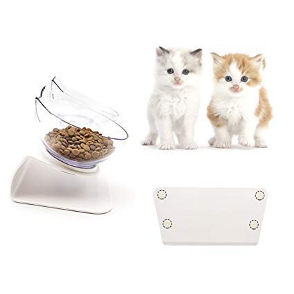 Aqueous Cat Elevated Double Transparent Plastic Bowl,Pet Feeding Bowl | Raised The Bottom for Cats and Small Dogs ，Cute Cat Face Double Bowl white - PawsPlanet Australia