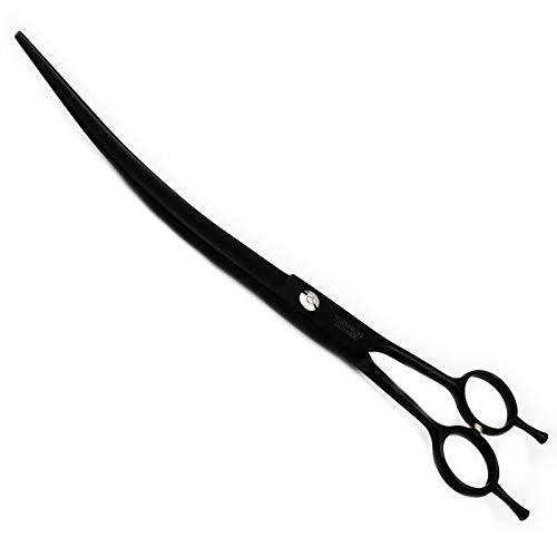 Purple Dragon 9.0" Twin Tails Straight or Curved Blade Pet Grooming Scissors Dog Hair Cutting Shears with Bag for Professional Left Handed or Right Hand Pet Grooomer Black Downward Curved - PawsPlanet Australia