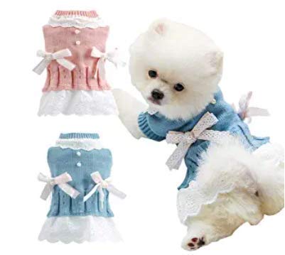 Worderful Dog Knitted Dress Swear Shirt Pet Clothes Ladies Princess Style Dress Puppy Apparel for Female Girl Dogs Small Medium Dogs(Small,Blue) Blue - PawsPlanet Australia