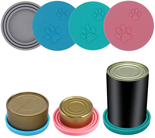 SLSON 4 Pack Pet Food Can Cover Universal Silicone Cat Dog Food Can Lids 1 Fit 3 Standard Size Can Tops, Blue, Green, Pink and Grey - PawsPlanet Australia