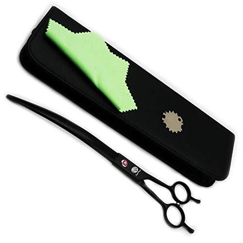 Purple Dragon 9.0" Twin Tails Straight or Curved Blade Pet Grooming Scissors Dog Hair Cutting Shears with Bag for Professional Left Handed or Right Hand Pet Grooomer Black Downward Curved - PawsPlanet Australia
