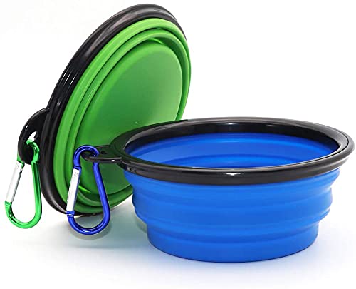 Collapsible Dog Bowls, 12 oz Portable Foldable Travel Water Bowl Food Dishes with Carabiner Clip for Traveling, Hiking, Walking, 2 Pack ( Blue+Green ) (Small) Small - PawsPlanet Australia