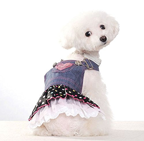 SMALLLEE_LUCKY_STORE Small Dog Dress Female Denim Overalls Vest Dots Print Lace Skirt Tiered Heart Shaped Pet Clothes XS Blue - PawsPlanet Australia