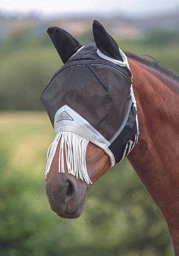 Shires Fine Mesh Mask with Ears and Fringe Black Full - PawsPlanet Australia