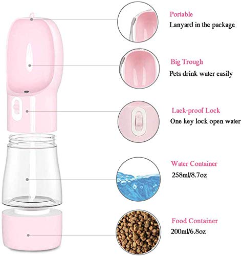 MAOCG Dog Water Bottle for Walking, Multifunctional and Portable Dog Travel Water Dispenser with Food Container,Detachable Design Combo Cup for Drinking and Eating,Suitable for Cats and Puppy Pink - PawsPlanet Australia