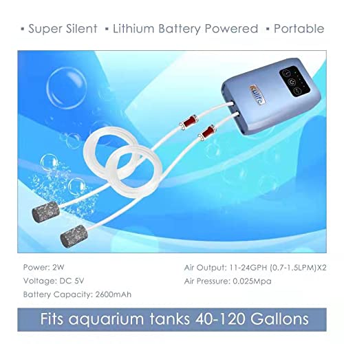 Kulife Aquarium Air Pump, USB Rechargeable Lithium Battery Powered Portable Air Pump for Fish Tanks up to 120 Gallons, AC/DC Dual Mode Oxygen/Aerating Pump for Outdoor Fishing, Emergency, Power Cuts For Aquarium up to 120 Gal - PawsPlanet Australia