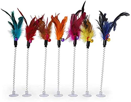 Bark and Purr Colourful plush feathered toy, Elastic spring, interactive with funny sucker, with sounding bell. Pack of 3, Assorted colours, 32 cm high, wt 10 gms. - PawsPlanet Australia