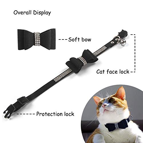 Quick Release Cat Collar with Bell and Bow Tie,Bling Rhinestones and Adjustable Safety Kitten Collar Soft Leather,Kitty and Some Puppies Safety Collars (Black/6.8-10.8 in) Black - PawsPlanet Australia