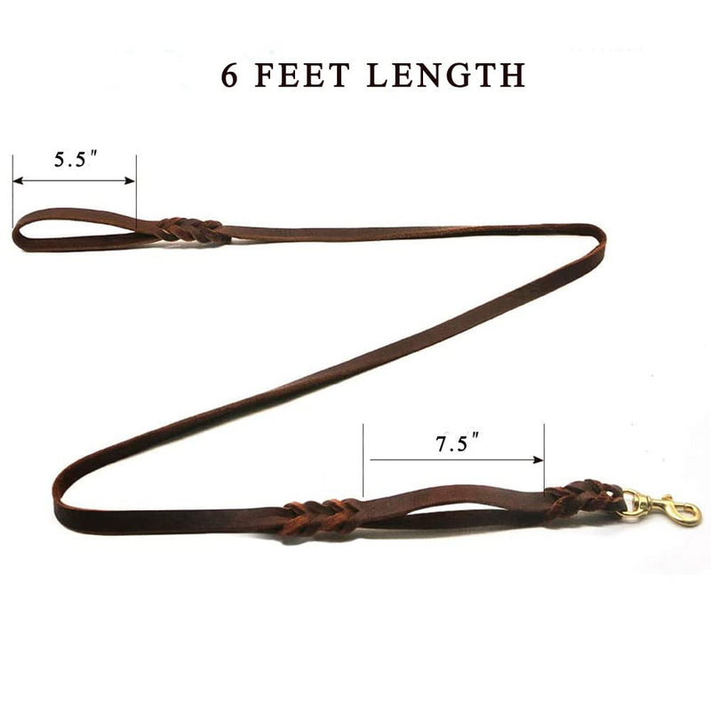 LWBMG Double Handle Leather Dog Leash 6 Foot - Heavy Duty Dog Leash with Traffic Handle - Braided Leather Lead for Small Medium Large Dogs Brown - PawsPlanet Australia