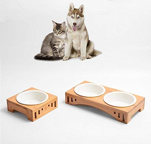 Premium Elevated Pet Bowls, Raised Dog Cat Feeder Solid Bamboo Stand with Ceramic Food Feeding Bowl, for Cats and Puppy (Double Bowl) Double Bowl - PawsPlanet Australia