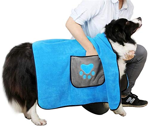 Dry My Dog Microfibre Towel with Pockets Large size: 100cm x 66cm Soft Quick Drying UK Seller (Blue-Grey) Blue - PawsPlanet Australia