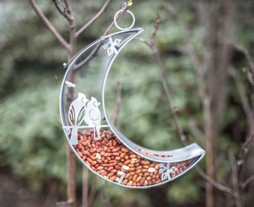 Garden Mile Silver Half Moon Hanging Bird Seed Nut Feeders Mounted Outdoor Garden Feeding Station Wild Birds Food Treat Feeder Weatherproof Metal Novelty Feeder - PawsPlanet Australia
