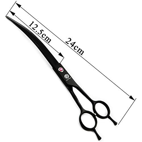 Purple Dragon 9.0" Twin Tails Straight or Curved Blade Pet Grooming Scissors Dog Hair Cutting Shears with Bag for Professional Left Handed or Right Hand Pet Grooomer Black Downward Curved - PawsPlanet Australia
