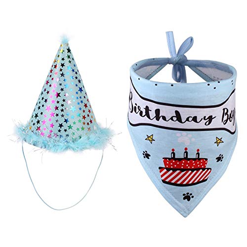 YUET Dog Happy Birthday Bandana Cat Pet Neckerchief Scarfs Ties and Cute Adorable Hat for Girls Boys Dogs,Triangle Fancy Dress Scarf for Party Accessories,Outfit Gift Decorations Set Puppy（Blue Boy） Blue Boy - PawsPlanet Australia