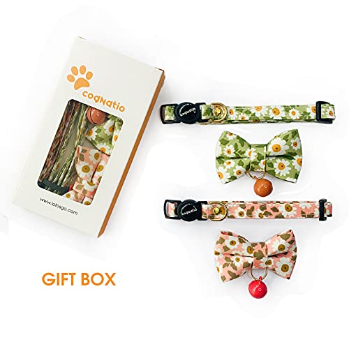 Cognatio Cat Collars with Bells and Safety Release Buckle, Floral Bow Tie Kitten Collars, Adjustable 20-30 cm, 2 Pack, Green+Pink - PawsPlanet Australia