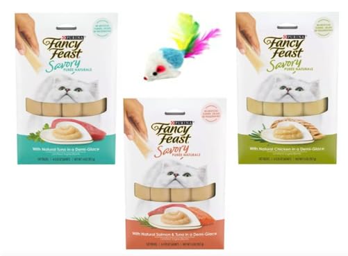 Fancy Feast Savory Puree Naturals in a Demi Glace Wet Cat Food Treats 1.4oz Variety Pack, 1 Tuna Flavor, 1 Salmon and Tuna Flavor, and 1 Chicken Flavor (Total of 3 Pack) with a Mouse Toy - PawsPlanet Australia