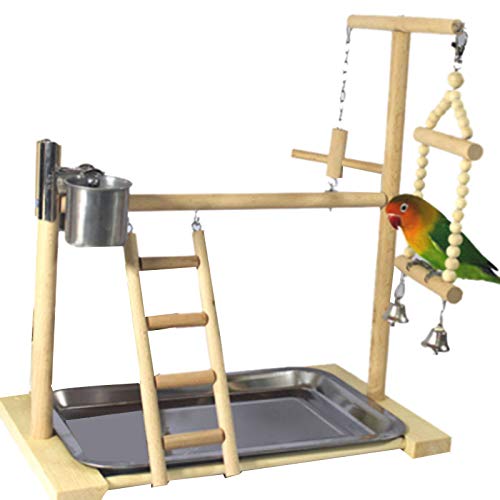 DaysAgo Parrot Playstands with Cup Toys Tray Bird Swing Climbing Hanging Ladder Bridge Wood Cockatiel Playground Bird Perches 40x23x36Cm - PawsPlanet Australia