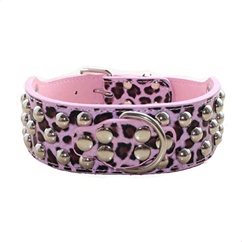 haoyueer 2" Wide 3 Row Studded Leather Dog Collar for Medium Large Dogs Pitbull Mastiff Boxer Bully Large Pink Leopard Print - PawsPlanet Australia