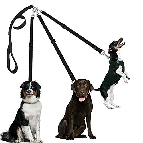 PINASE Adjustable 3 Way Dog Leash Detachable Nylon Traction Rope 3 in 1 Dog Lead Splitter (black) black - PawsPlanet Australia