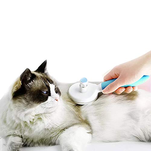 [Australia] - Best Self Cleaning Button Pet Comb Brush Shedding Slicker Non-Slip Handle for Cat Dog Grooming Gently Removes Tangled Matted Fur Protective Round Tip Stainless Steel Pin Blue 