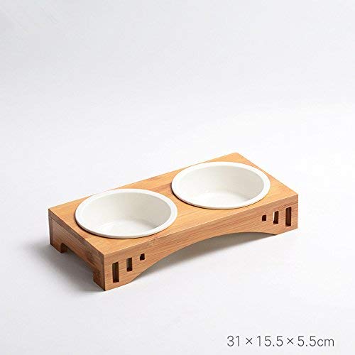 Premium Elevated Pet Bowls, Raised Dog Cat Feeder Solid Bamboo Stand with Ceramic Food Feeding Bowl, for Cats and Puppy (Double Bowl) Double Bowl - PawsPlanet Australia