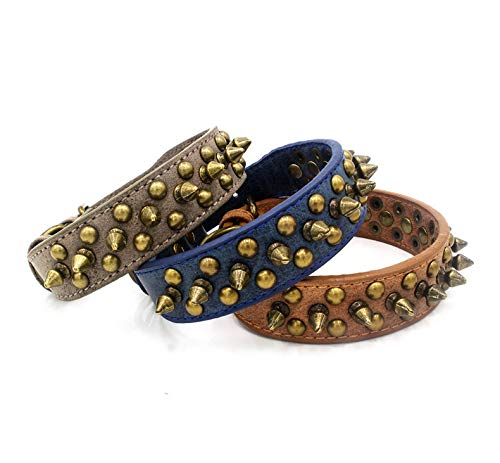 RC GearPro Pet Studded Dog Collar Products Rivet Spiked Studded Genuine Leather Dog Collar for Small Medium Large Dog (L, Blue) L - PawsPlanet Australia