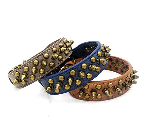 RC GearPro Pet Studded Dog Collar Products Rivet Spiked Studded Genuine Leather Dog Collar for Small Medium Large dog (M, Gray) M - PawsPlanet Australia