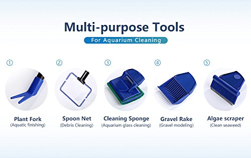 [Australia] - AquaticHI 5 in 1 Multi-Function Aquarium/Fish Tank Cleaning Tool, Algae Scraper, Fish Net, Sponge, Plant Fork, Gravel Rake for Long Deep Fish Tanks Extendable 