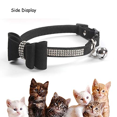 Quick Release Cat Collar with Bell and Bow Tie,Bling Rhinestones and Adjustable Safety Kitten Collar Soft Leather,Kitty and Some Puppies Safety Collars (Black/6.8-10.8 in) Black - PawsPlanet Australia