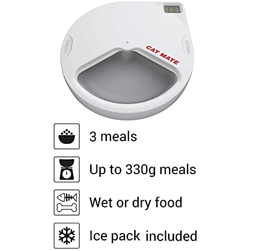 Cat Mate C300 Automatic Pet Feeder | Cat or Small Dog Bowl with Digital Timer | For Wet or Dry Pet Food, 3 Meal Carousel, up to 330g in Each 3 Bowl Feeder - PawsPlanet Australia