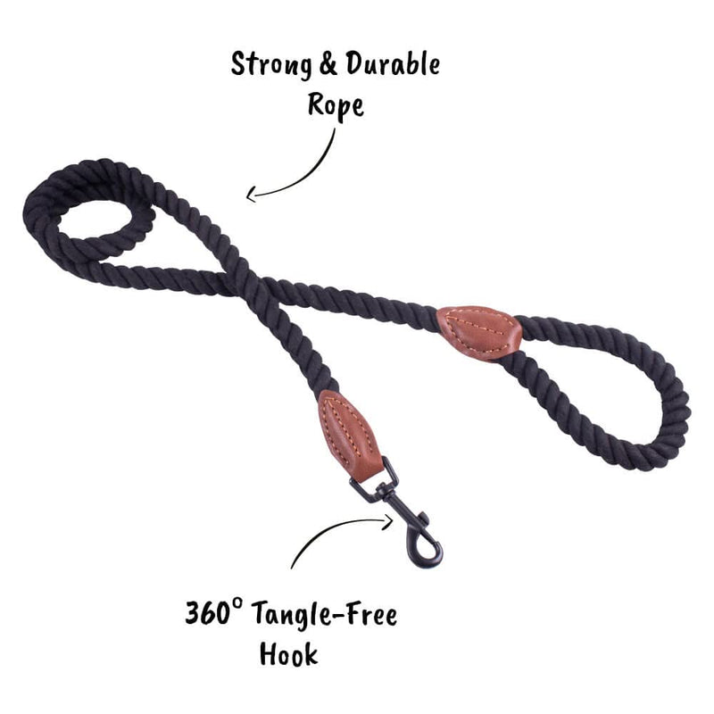 AllPetSolutions Black Rope Dog Lead | Durable Braided Puppy Training Leash | Strong Dog Lead | Soft Cotton Dog Lead Handle | 1.2m - PawsPlanet Australia