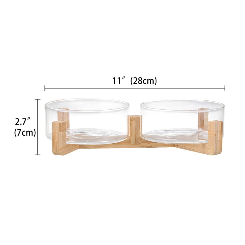Glass Dog Bowl Set - Cat Dog Bowls with Non Slip Wood Stand - No Spill Double Pet Dish for Food Water Feeding (2 Cup- Suitable for cat and small dog) Glass×2 - PawsPlanet Australia
