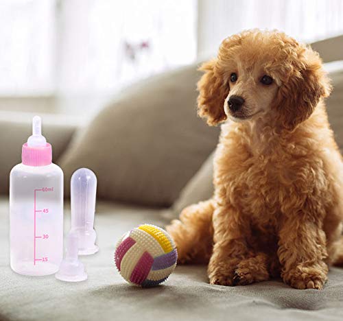 ASFINS Pet Feeding Bottles Kit, 60ML Kitten Feeding Bottle Puppy Nursing Bottle Kit With 4pcs Replacement Nipples, 1pc Nipple Brush and 1pc Green Pet Pill Dispenser (Pink) Pink - PawsPlanet Australia